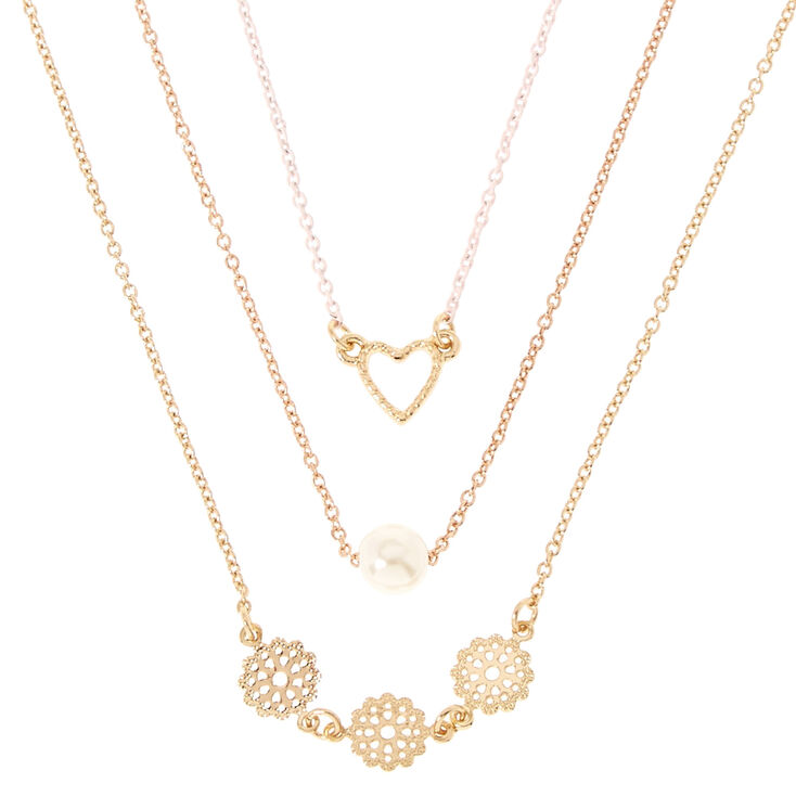 Gold-Tone Triple Layer Heart, Pearl & Filigree Necklace,