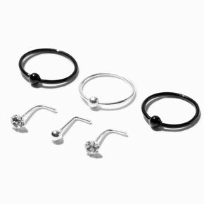 Sterling Silver Black 22G Ball Nose Studs &amp; Hoops - 6 Pack,