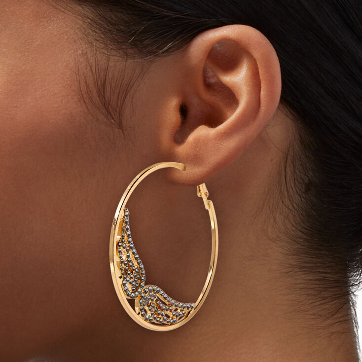 Gold-tone Crystal Angel Wings 70MM Hoop Earrings,