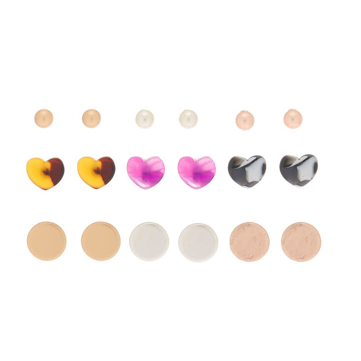 Mixed Metal Round Heart Shell Stud Earrings - 9 Pack,