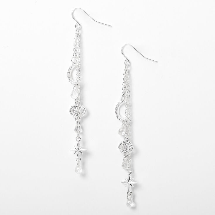 Silver 3&quot; Celestial Eye Drop Earrings,