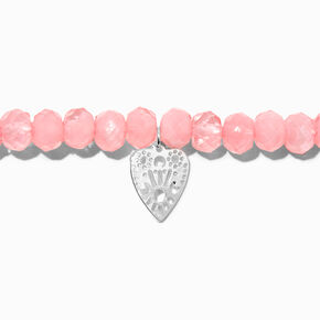 Silver Heart Pink Beaded Stretch Bracelet,