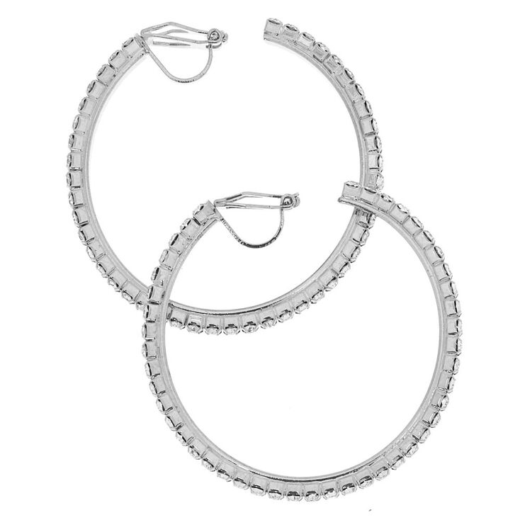 40MM Silver-Tone Half Hoop Clip On Earrings,