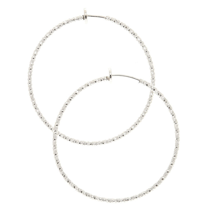 50MM Clip On Textured Silver-Tone Hoop Earrings,