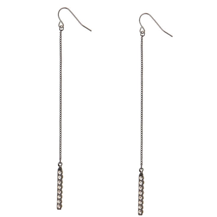 Black Long Dangle Earrings with Clear Simulated Rhinestones,