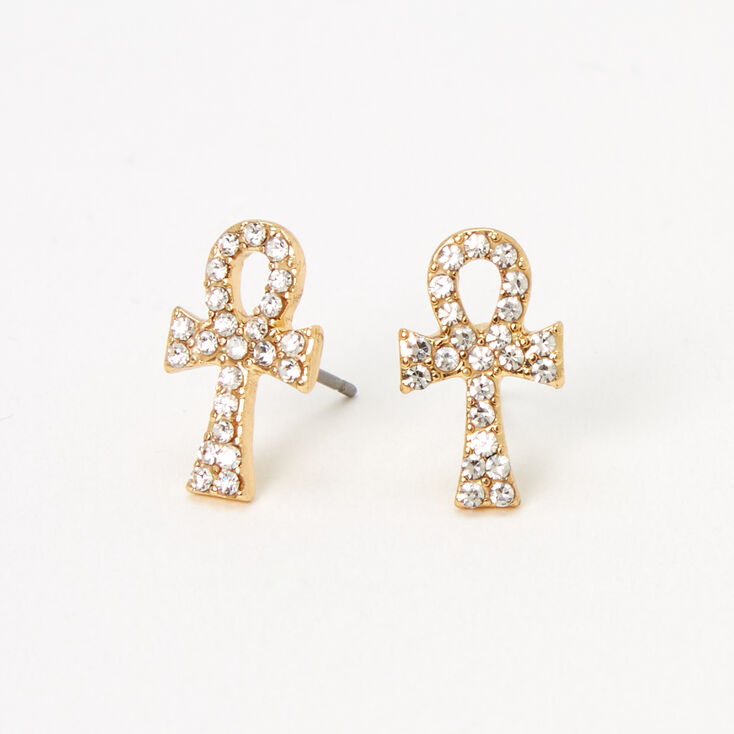 Gold Embellished Ankh Stud Earrings,