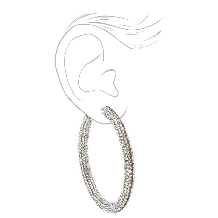 Silver 60MM Pave Embellished Hoop Earrings,