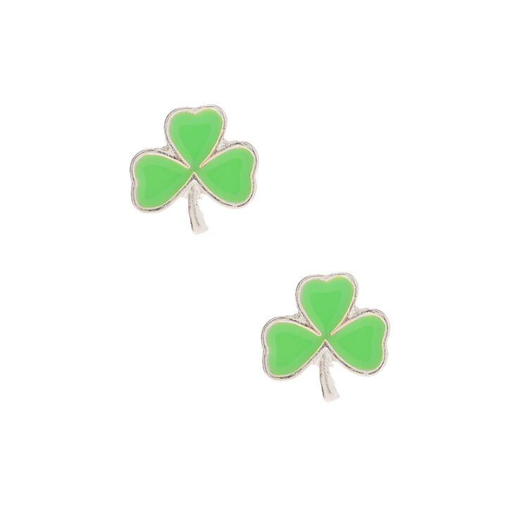 Silver Shamrock Stud Earrings - Green,