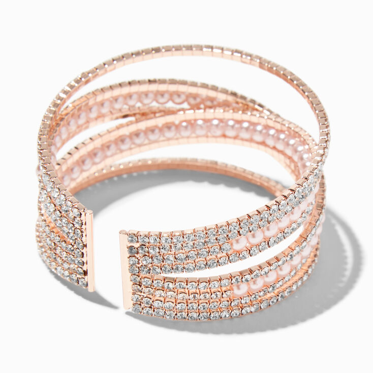 Rose Gold Rhinestone &amp; Pearl Statement Cuff Bracelet,