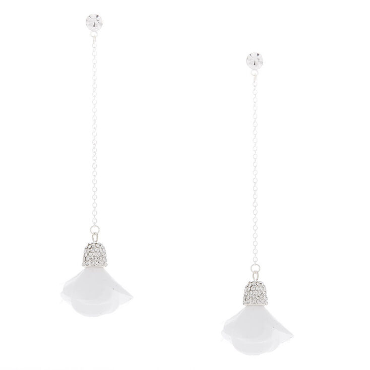 Silver 3" Linear Flower Drop Earrings - White,