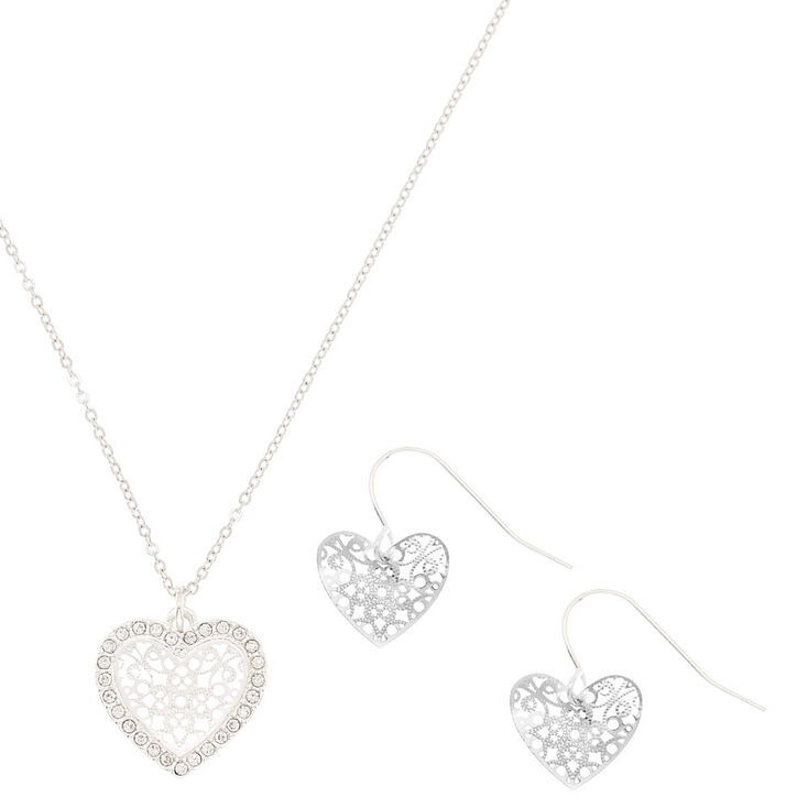 Silver Filigree Heart Jewelry Set - 2 Pack,