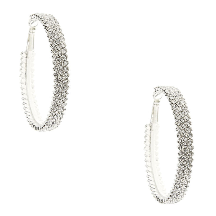Silver Tone Triple Row Faux Crystal Hoop Earrings,
