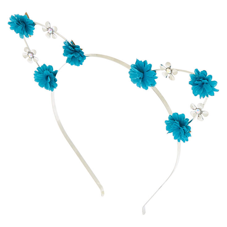 Silver Flower Girl Cat Ears Headband - Teal,