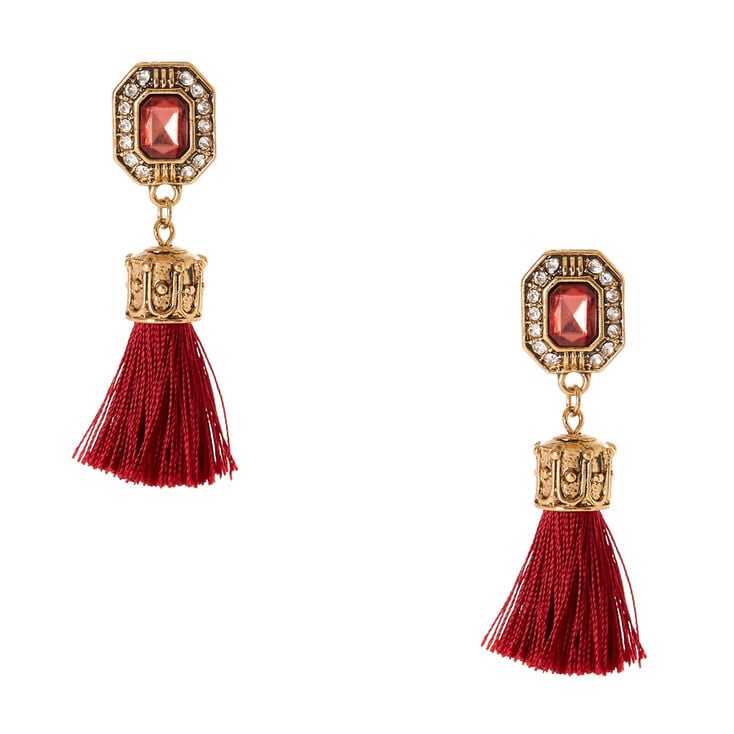Gold Tone & Wine Gem Tassel Drop Earrings,