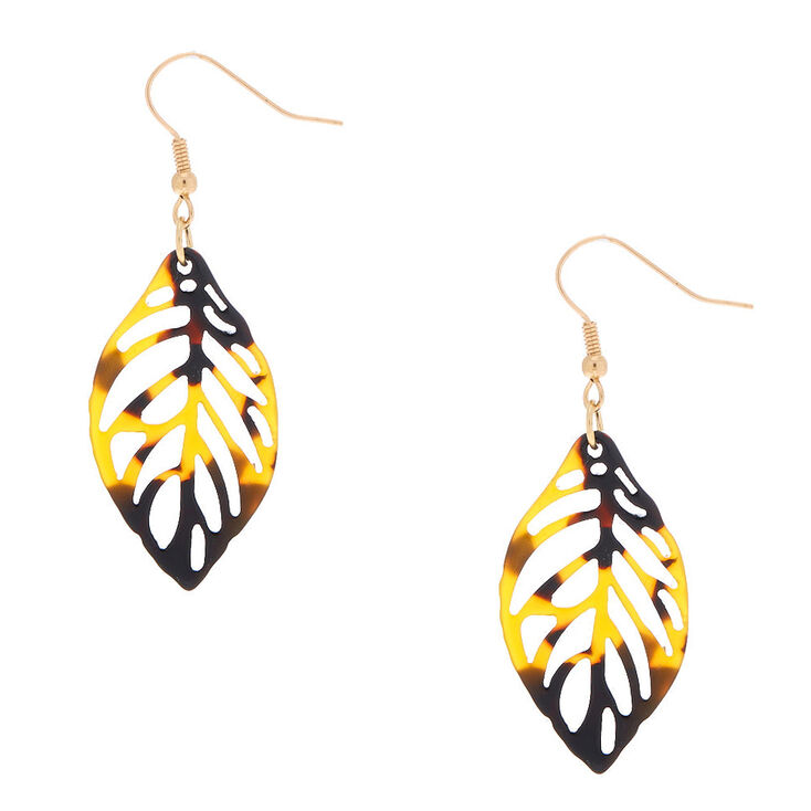 Gold 1.5" Tortoiseshell Leaf Drop Earrings - Brown,