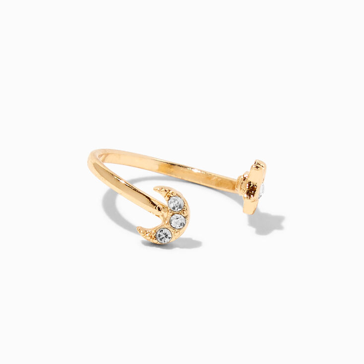 Gold Star &amp; Moon Open Front Crystal Toe Ring,