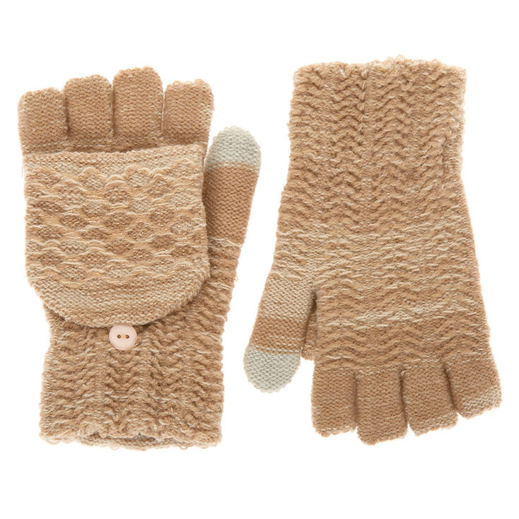Knit Fingerless Gloves With Mitten Flap - Oatmeal,