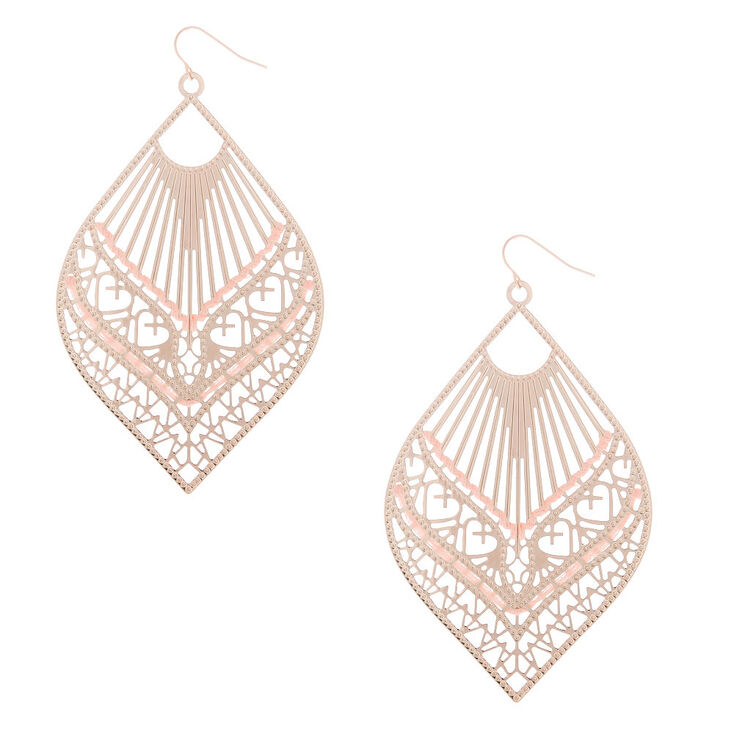 Rose Gold 3.5" Filigree Threaded Drop Earrings - Pink,