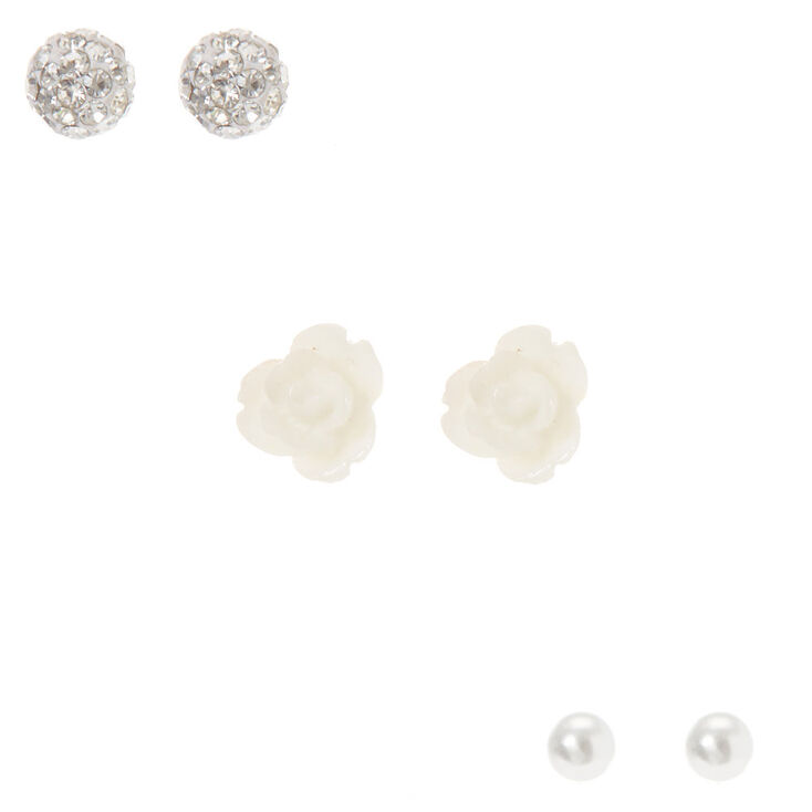 Floral Stud Earrings - White, 3 Pack,