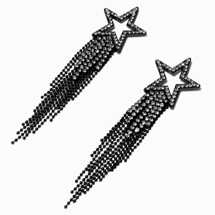 Black Crystal Star Fringe 4&quot; Drop Earrings,