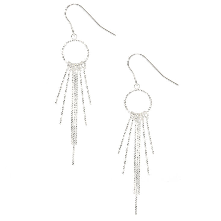Silver Open Circle Bar Fringe Drop Earrings,