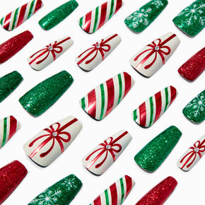 Holiday Stripes &amp; Glitter Squareletto Press-On Faux Nail Set - 24 Pack,