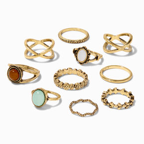 Burnished Gold Mixed Statement Rings - 10 Pack,