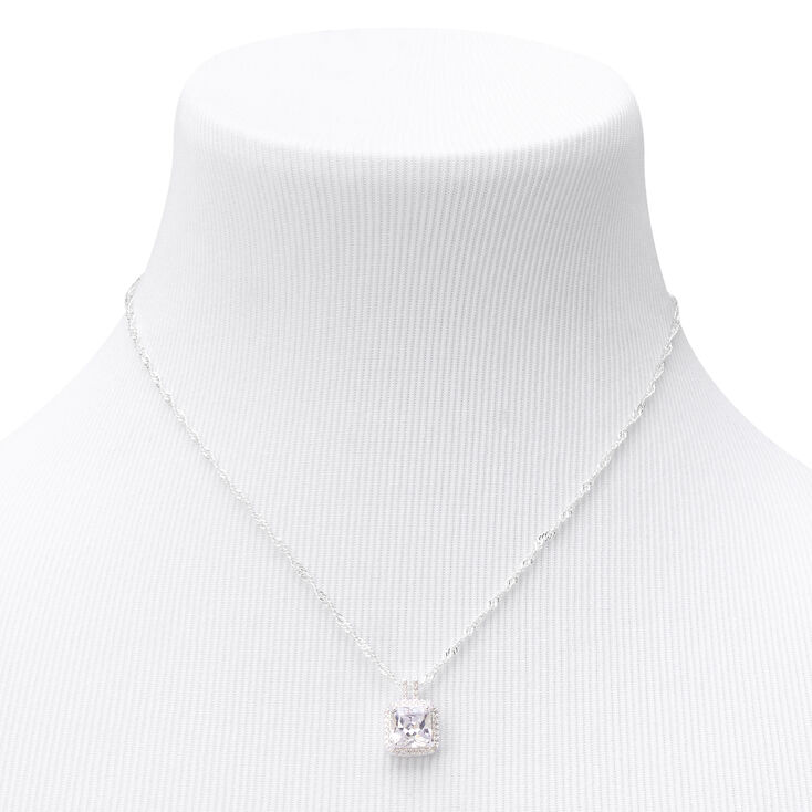 Silver Cubic Zirconia Square Halo Pendant Necklace,