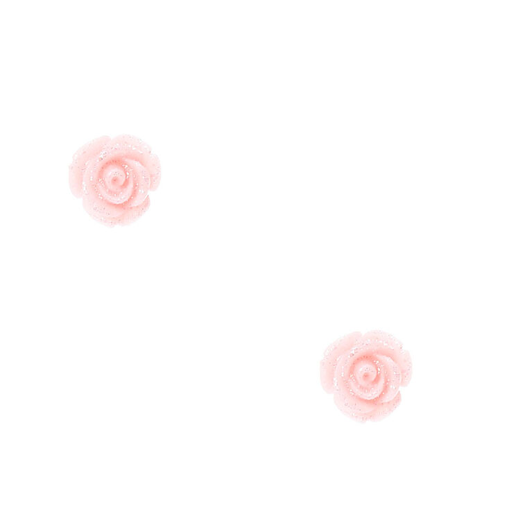 Pink Glittered Carved Rose Stud Earrings,