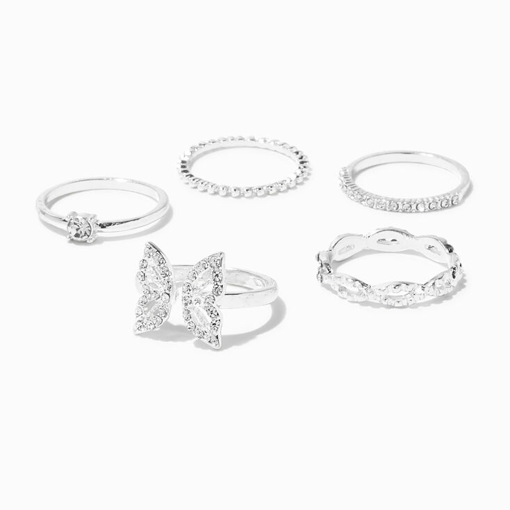 Silver Crystal Butterfly Rings - 5 Pack,