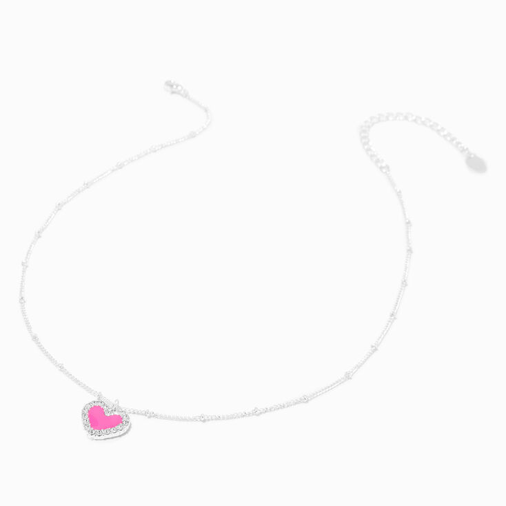 Pink Heart Crystal Halo Silver Pendant Necklace,