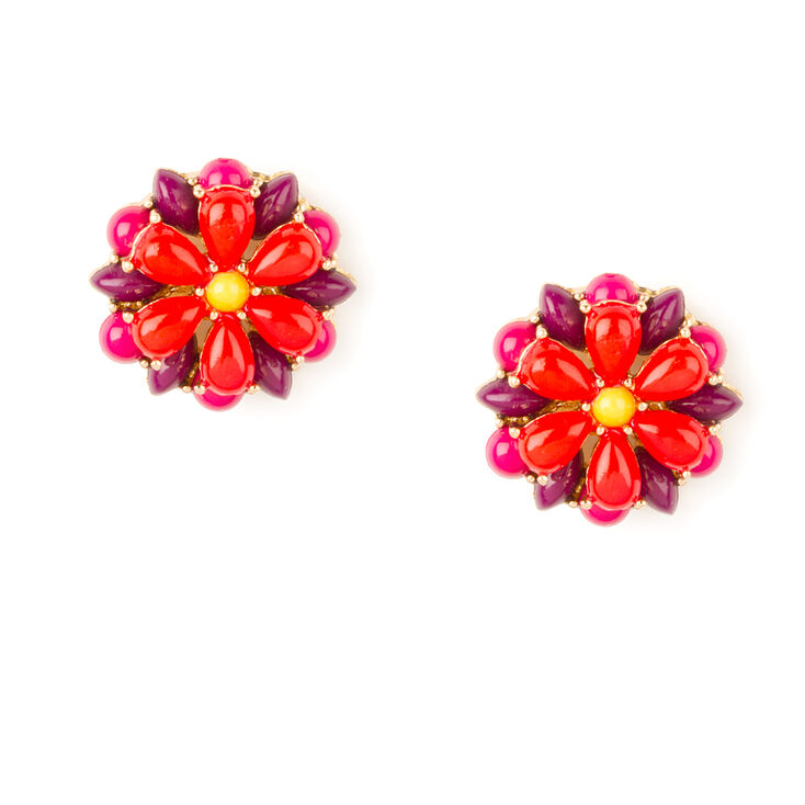 Coral, Pink & Purple Bead Layered Flower Stud Earrings,