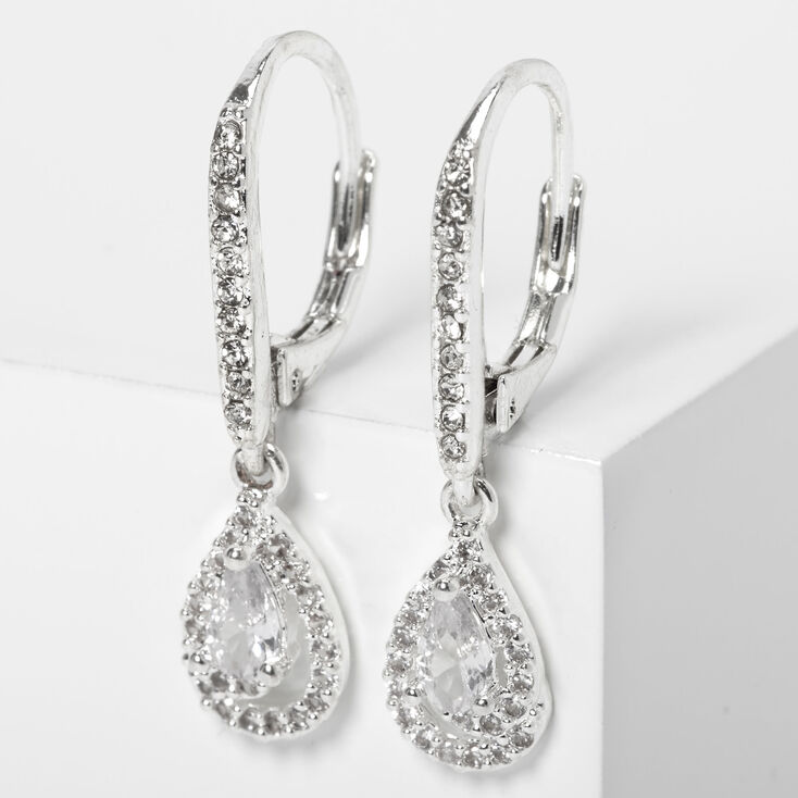Silver 2.5" Cubic Zirconia Teardrop Lever Drop Earrings,