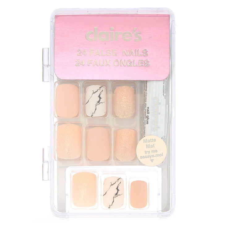Matte Marble Square Faux Nail Set - Pink, 24 Pack,