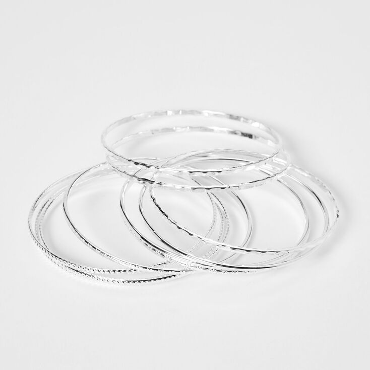 Silver Textured Bangle Bracelets - 8 Pack