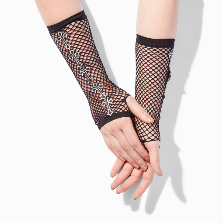 Gothic Cross Black Fishnet Fingerless Gloves,