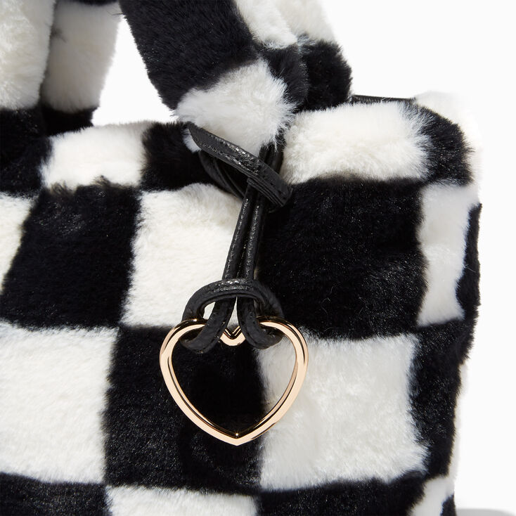 Black &amp; White Checkerboard Furry Crossbody Tote Bag,