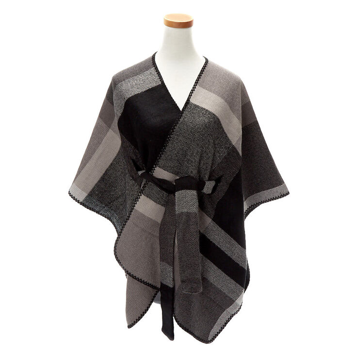 Plaid Sweater Poncho - Black,