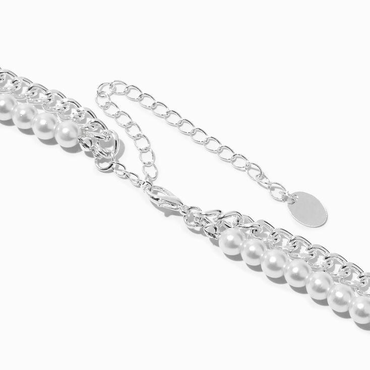 Silver Curb Chain &amp; Pearl Multi-Strand Necklace,
