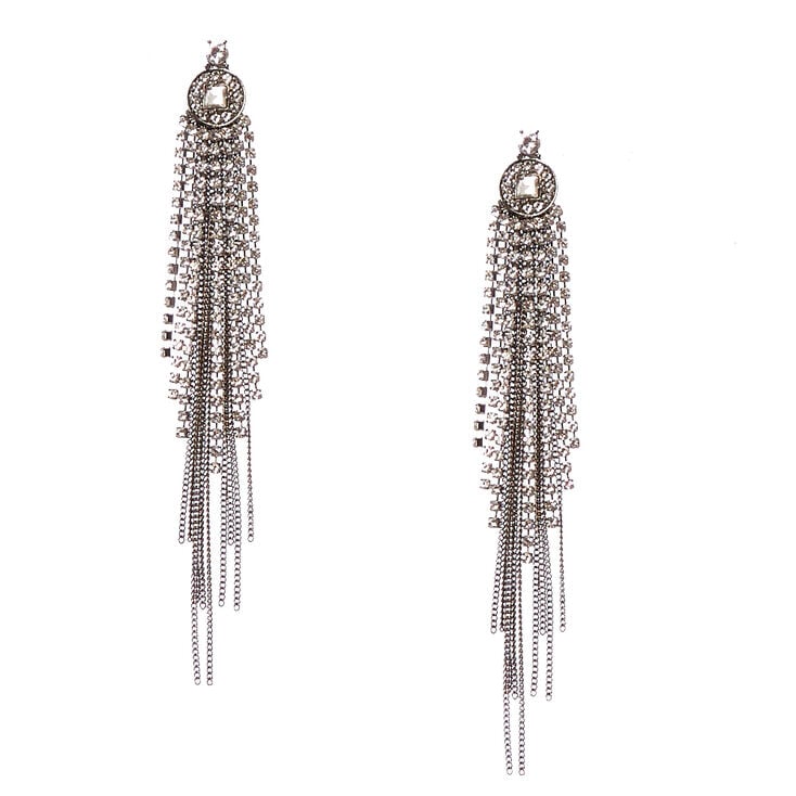 Dark Gray Chain & Crystal Fringe Drop Earrings,