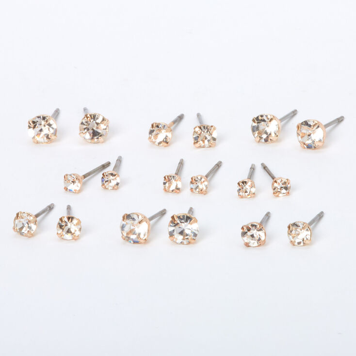 Rose Gold Graduated Crystal Stud Earrings - 9 Pack,