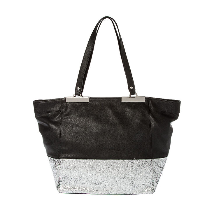 Arendale Black Faux Leather With Silver Glitter Tote Bag