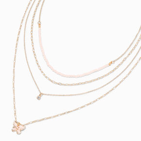 Gold-tone Butterfly Pink Seed Bead Multi-Strand Necklace ,