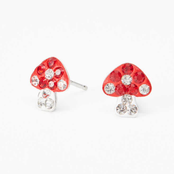 Sterling Silver Embellished Red Mushroom Stud Earrings,