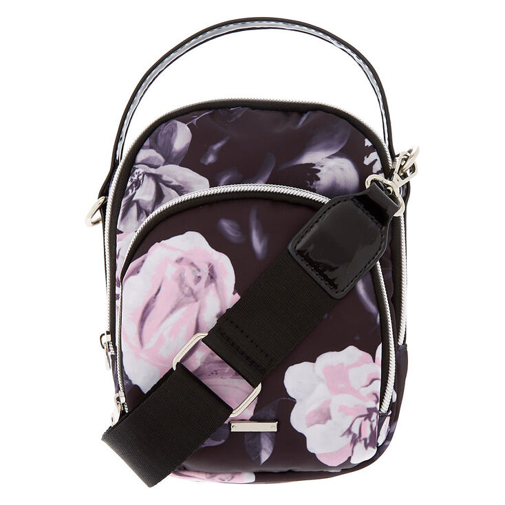 Floral Messenger Crossbody Bag - Black,