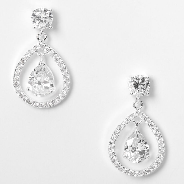 Silver Cubic Zirconia 1&quot; Floating Teardrop Drop Earrings,