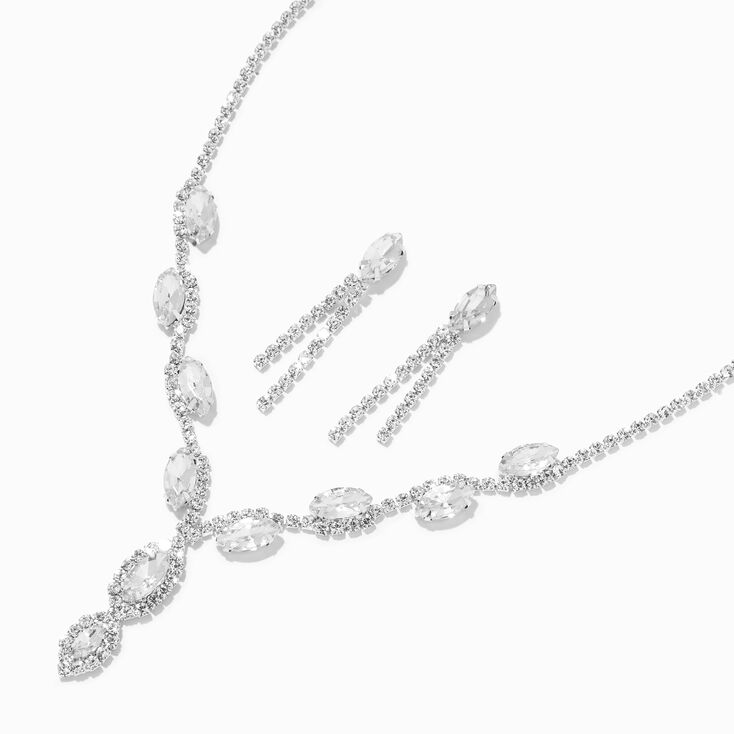 Silver Crystal Leaf Y-Neck Necklace &amp; Drop Earrings Set - 2 Pack,