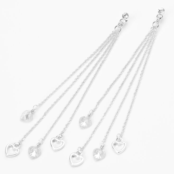 Silver 3&quot;  Crystal Heart Linear Drop Earrings,