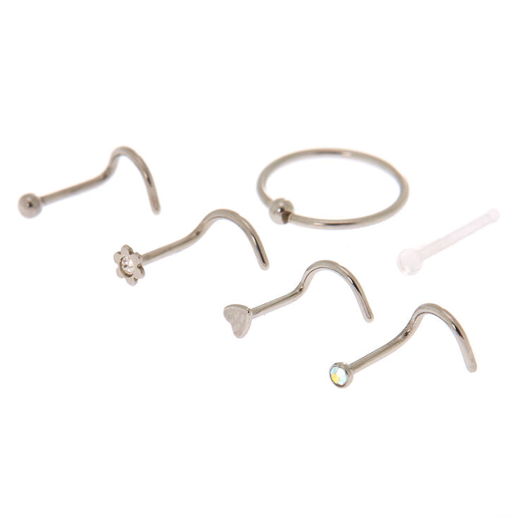 Silver 20G Cubic Zirconia Glam Nose Studs & Ring Set - 6 Pack,