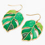 Gold Green Palm Leaf Monstera 1&quot; Drop Earrings,